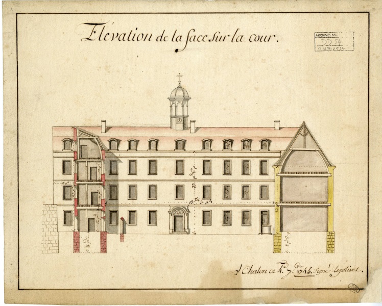Élévation de la face sur la cour du collège de Chalon, fait à Chalon par Lejolivet : 4 septembre 1745. - Document des Archives Municipales. - [DD54