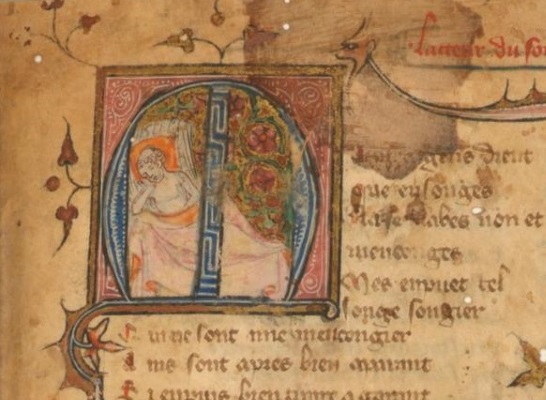 Folio 1 : initiale ornée de feuillages et historiée (représentant le poète amant, songeant) et décor végétal central. Enluminure bleu, rouge et ocre. Traces de feuille d’or.