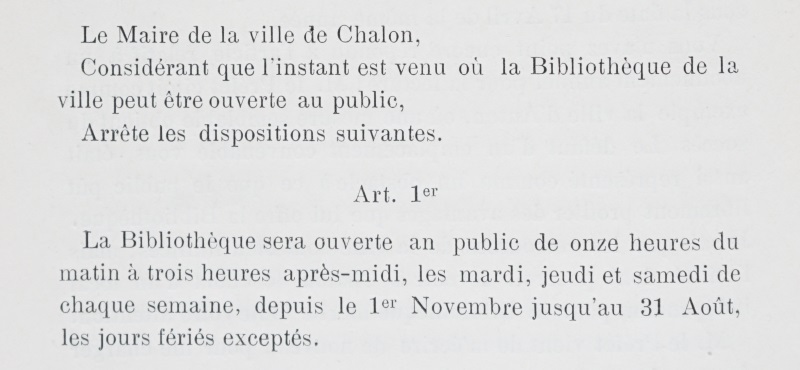 Extrait du 1er article du règlement de la bibliothèque ouverte en 1824.